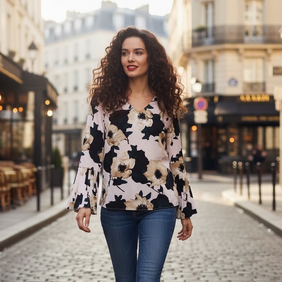 Banana Republic Factory Tops - Banana Republic Factory Pleated Bell Sleeve Floral Blouse XS Petite